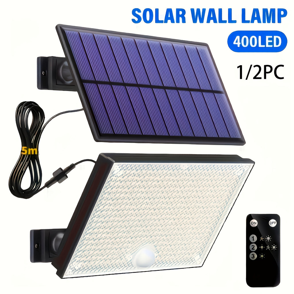 1/2 Pack 400LED Outdoor Solar Wall Light with Motion Sensor, LED Cool White Solar Floodlight, High Brightness Solar Street Light, Larger Solar Panel, Easy to Install, Super Bright, Auto On/Off, Perfect for Porch, Courtyard, Garage, Fence, Pathway