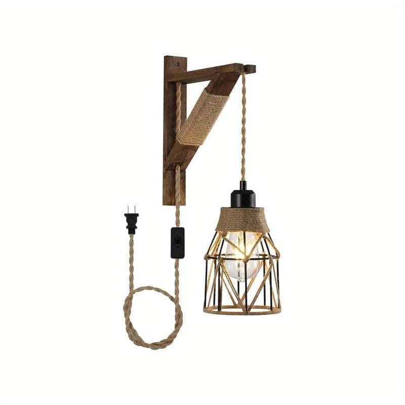 Two-Piece or One-Piece Plug-In Wall Light Without Wiring - Farmhouse Style Metal Cage and Wood Bracket Bedside Lamp, Suitable for Bedroom Headboard (Easy-to-Install Barn Light Decor) (Bulb Not Included)