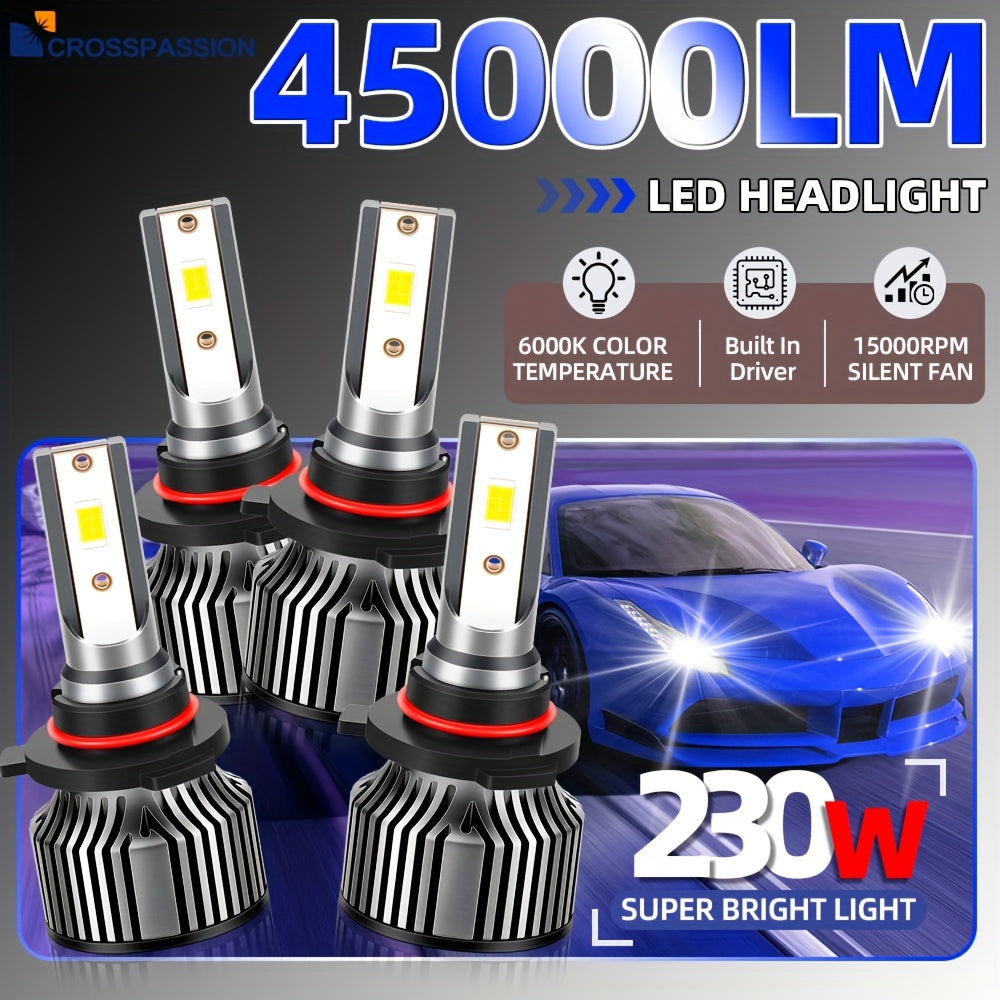 CROSSPASSION 2/4-Pack 230W Super Bright Car Headlights, 9005/HB3 9006/HB4 H1 H4 H7 H11 H13 9007 High/Low Beam CSP LED Headlights, 6000K White All-in-One Driver, Easy to Install, No Battery Included