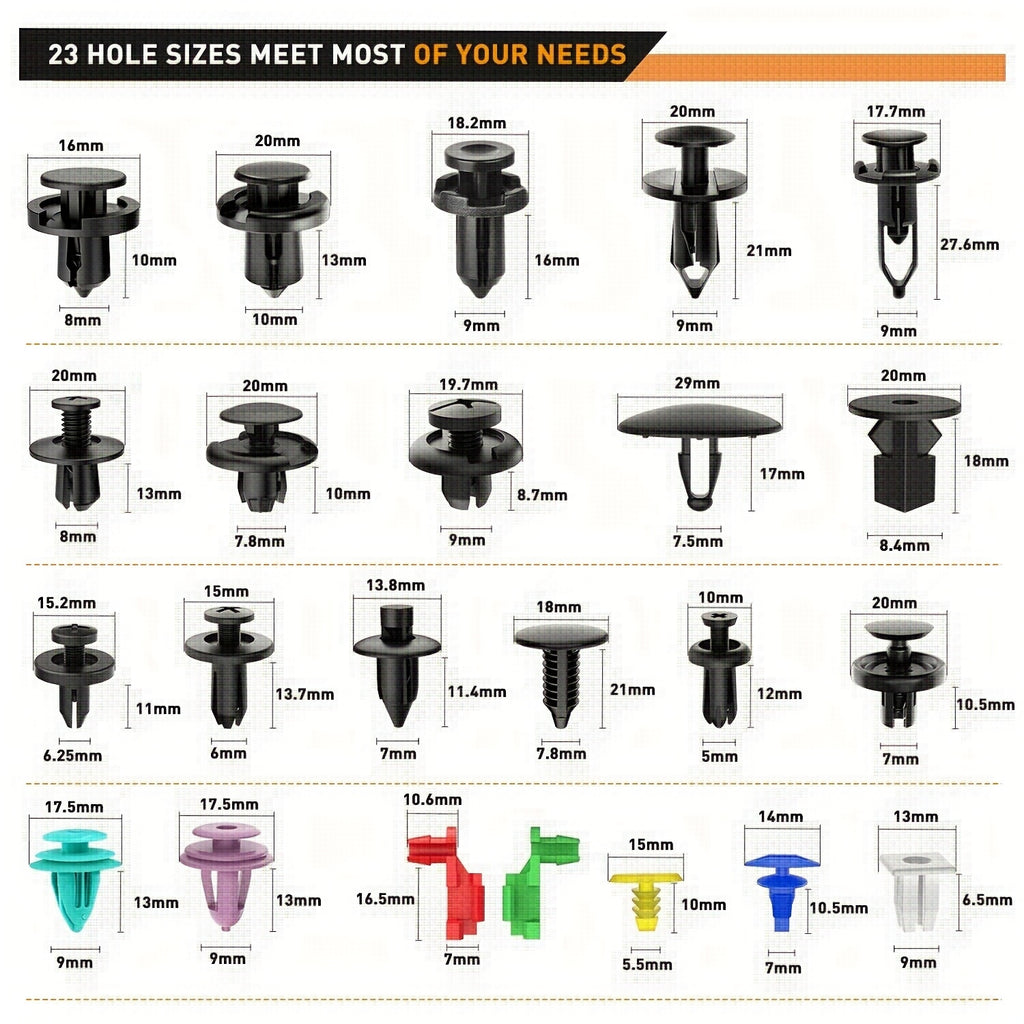 725-Piece Automotive Retainer Clip and Plastic Fastener Assortment, Includes 16 Common Sizes of Nylon Bumper and Fender Rivets, Comes with 10 Cable Ties and Removal Tool – Made of Durable Insulated Material for Automotive and Industrial Use