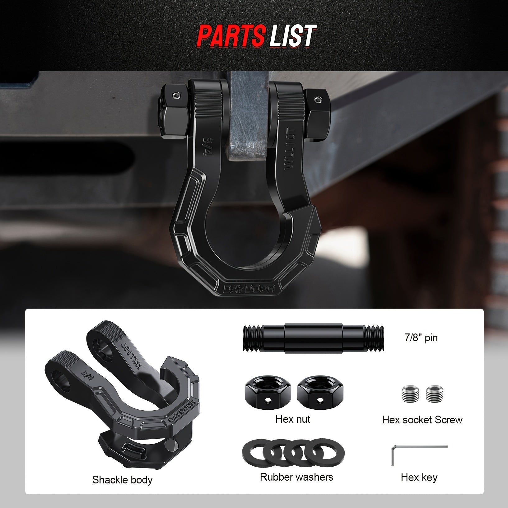 45,000 lb Break Strength Tow Hook, D-Ring Shackle, 3/4" Heavy-Duty Hook with 7/8" Screw Pin, for Off-Road Vehicle Recovery