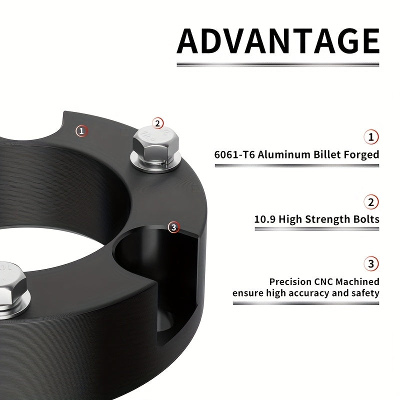 Suspension Lift Kit, Material: Front 6061 Aluminum, Rear Iron, Surface Finish: Front Black Anodized, Rear Black Powder Coated, Fitment: 2005-2023 TOYOTA TACOMA 3" FRONT AND 2" REAR LEVELING LIFT KIT, Front Outer Diameter: 126mm