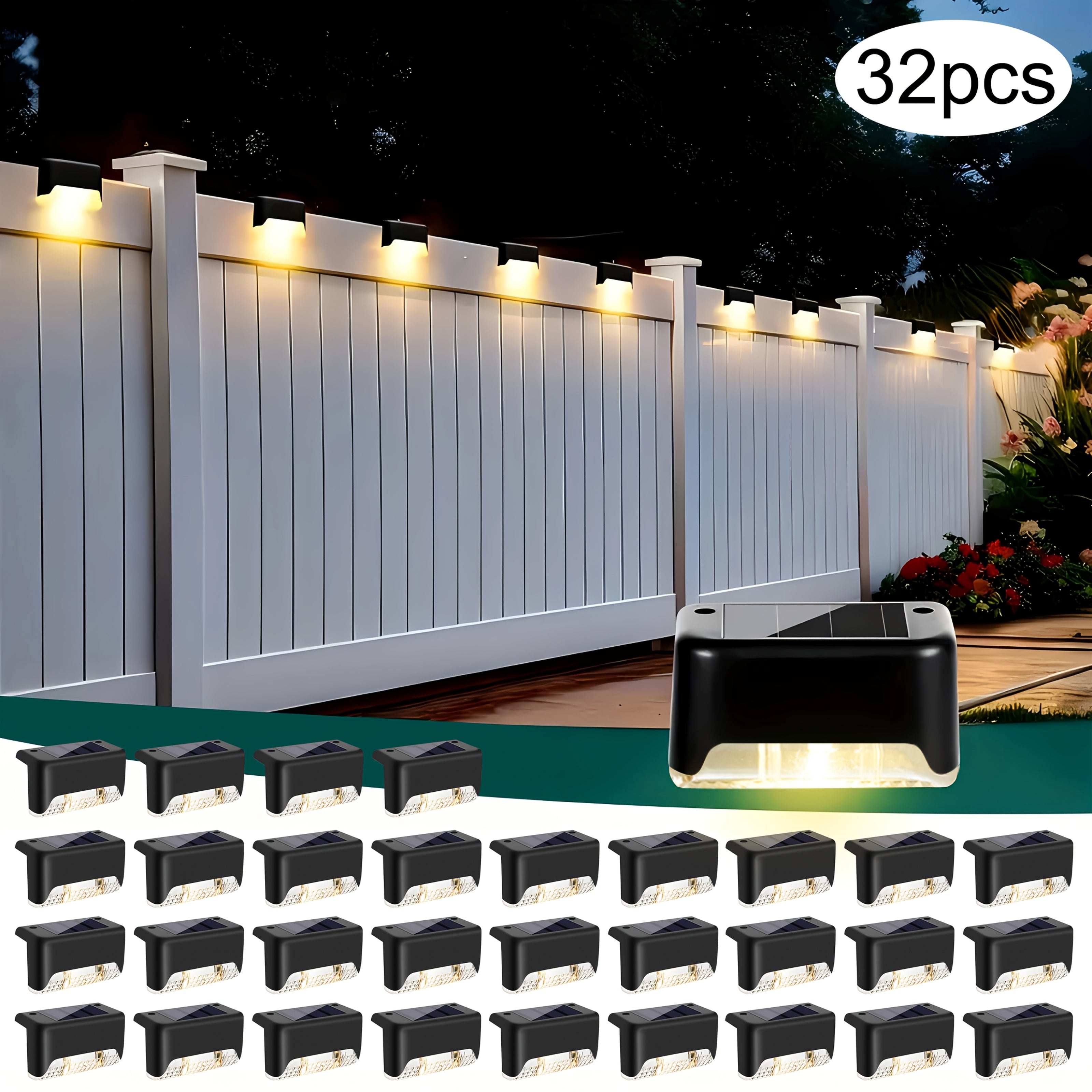 32/16/8 Pack Solar Outdoor Light, LED Solar Ground Insert Light, Solar Step Light, IP44 Waterproof, Courtyard Decorative Light, Solar Fence Light for Stairs, Steps, Railings, Courtyard, Patio and Walkways (Warm White)