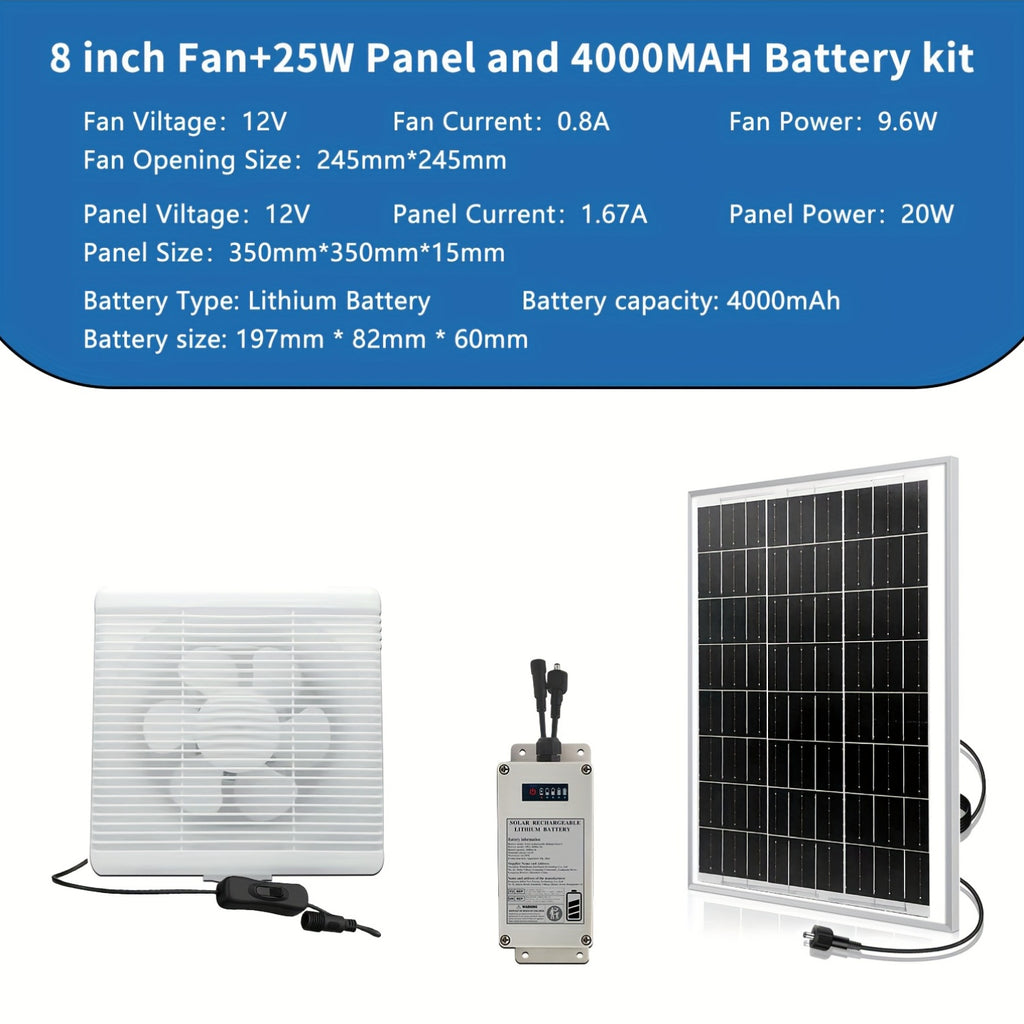 25W Solar Panel Ventilation Fan Set with 4000mAh Battery - 8 Inch High Speed Fan, Designed for Indoor Use, Equipped with Protective Grill and Louvers, Ideal for Ventilation in Greenhouse, Kitchen, Workshop, Shed, Attic and Pet House