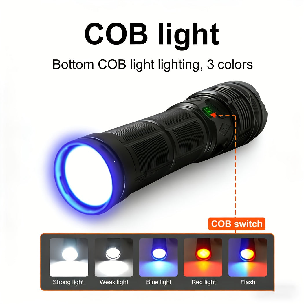 1-Pack Black High Lumen Tactical Flashlight, 11 Lighting Modes, 3000 Lumens, Red & Blue Lights, Includes Shoulder Strap, Digital Display Screen, Adjustable Zoom Beam, Ideal for Exploration