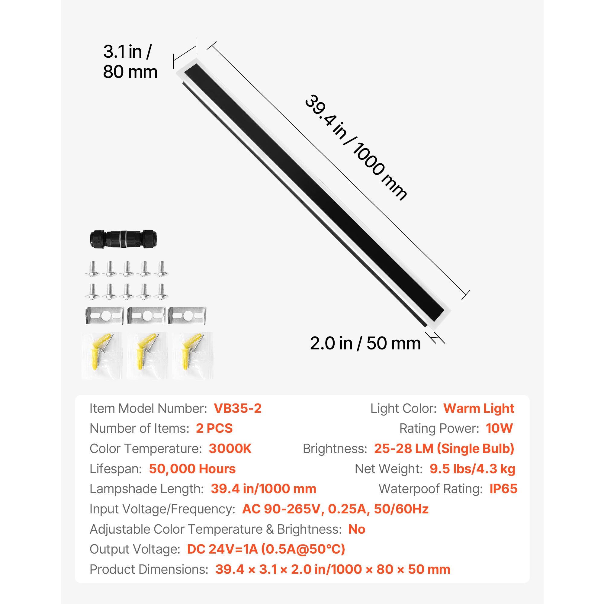 VEVOR Outdoor Wall Light, 1-Pack / 2-Pack, 23.6-Inch / 31.5-Inch / 39.4-Inch Long Strip Modern Exterior Wall Light, 3000K Warm White Light, Rust-Proof Outdoor Wall Mount Light, Suitable for House, Porch, Garage