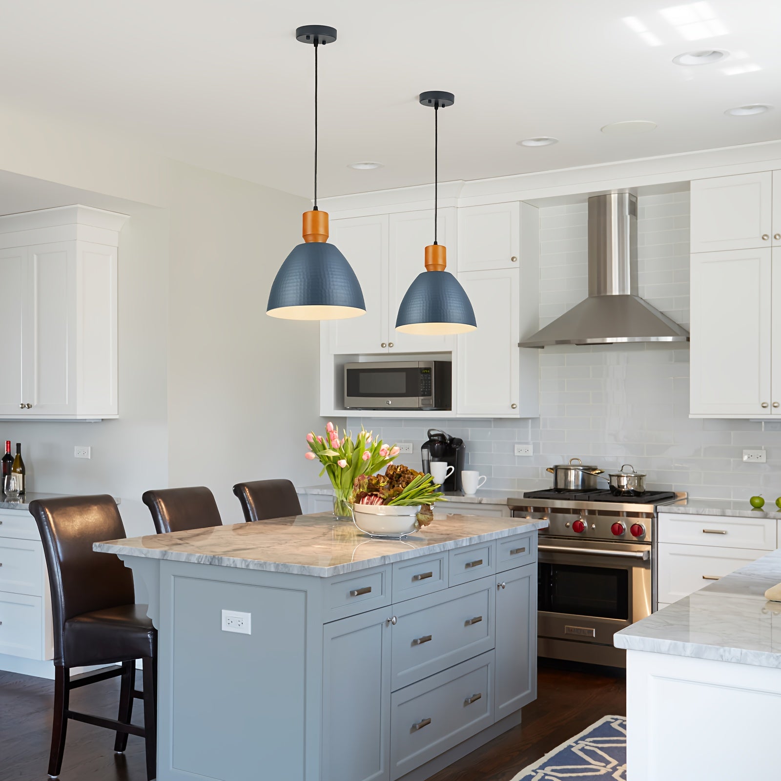 Black/Blue Hammered Kitchen Island Light, Industrial Pendant Light with Dome Shade, Adjustable Metal Hanging Pendant Light, Ceiling Pendant Light Suitable for Dining Room and Bedroom
