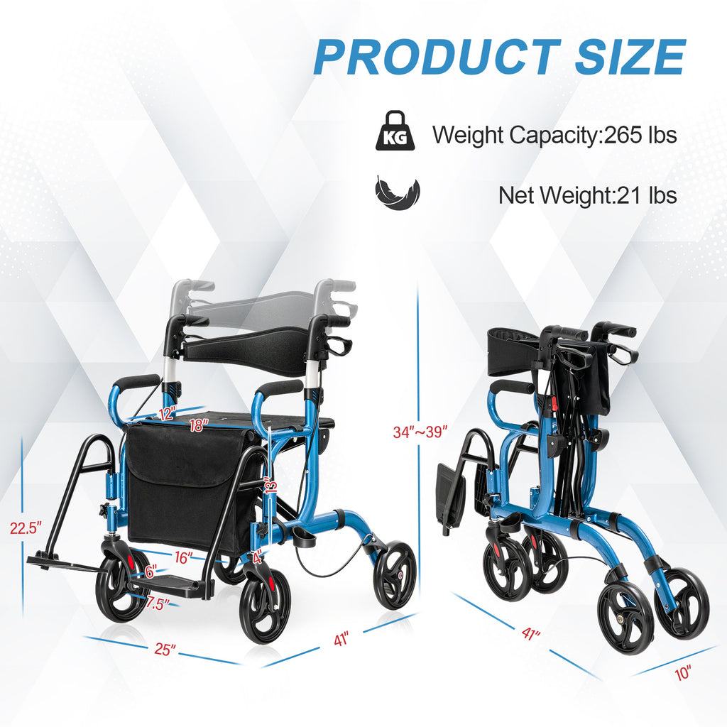 GIANTEX 带座椅助行器，2合1型移动轮椅，配备6档可调高度、可翻转靠背、双制动系统、旋转脚踏板，轻便可折叠设计，专为老年人设计