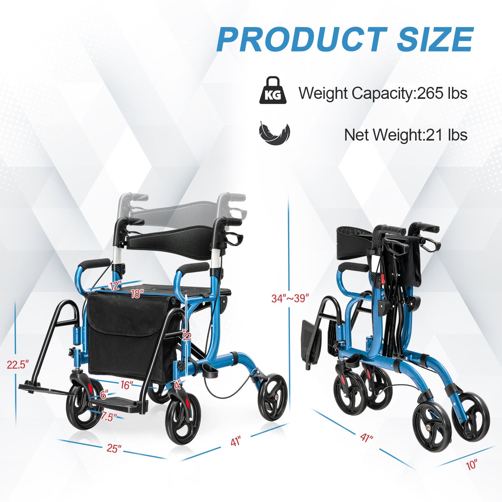 GIANTEX 带座椅助行器，2合1型移动轮椅，配备6档可调高度、可翻转靠背、双制动系统、旋转脚踏板，轻便可折叠设计，专为老年人设计