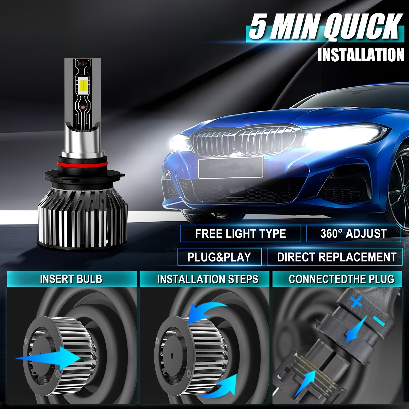 2-Pack 9005 Headlight LED Car Headlight Bulb Set High Beam 6500K Super Bright 26000Lm, No Battery Included