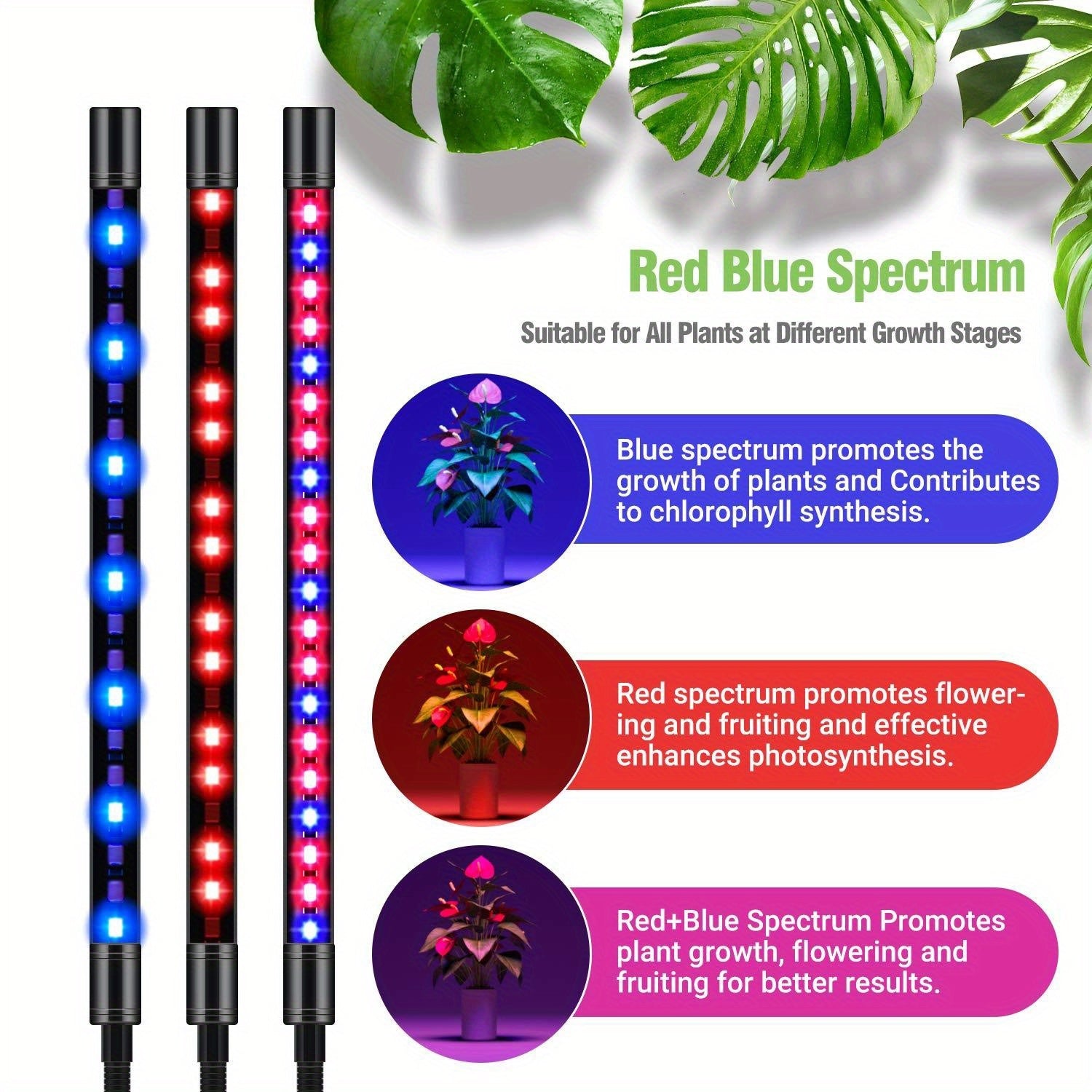 Indoor Plant Grow Light, 100 LED Beads, Full Spectrum, 4/5-Head Design with Adjustable Stand, 3/9/12H Auto Timer, 3 Lighting Modes & 10 Dimming Levels