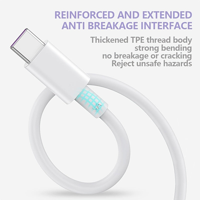 Fast Charging USB-Power Adapter Compatible for Samsung S20/S9/S8, Huawei P40/Mate 30, Xiaomi, for Redmi, for Oppo, for vivo Smartphones - Type-C to Type-C Fast Charger with PVC, Flat Data Cord