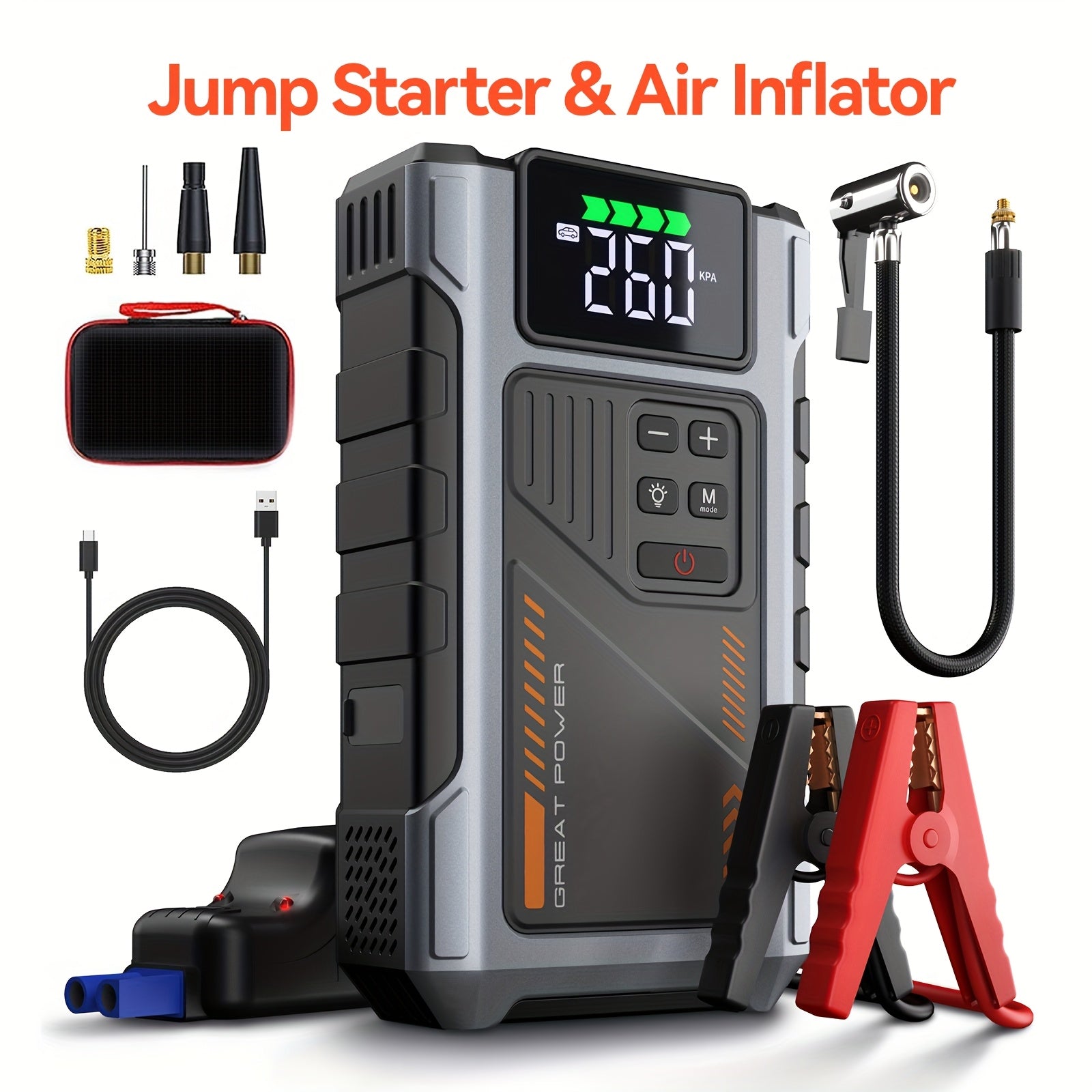 New Car Jump Starter with Air Compressor, Portable Battery Jumper, 6000A Peak Emergency Jump Starter, 150PSI Digital Tire Inflator, Portable Starter 12V (Fit for 2.11 Gal Gas / 1.72 Gal Diesel), Quickly Jump Start Your Vehicle
