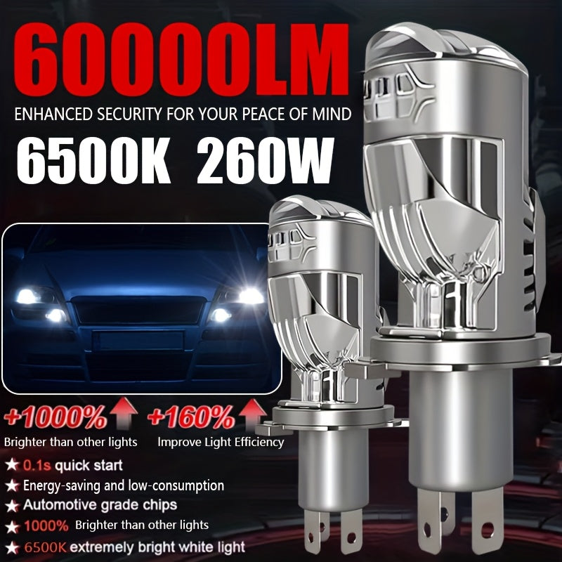 2个装 H4 9003 HB2-QC0105 超亮 6500K 白色光 CSP LED 大灯，高流明 60000Lm/个 260W，镜头设计完美光束，内置驱动器带风扇，长寿命，汽车摩托车迷你镜头，不含电池
