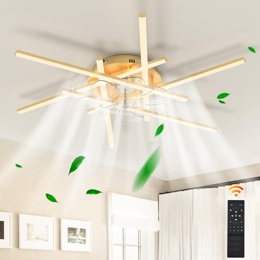 Modern LED Ceiling Fan with Light and Remote Control, Gold Sputnik Semi-Flush Mount Design, Chandelier Fan for Bedroom, Living Room, Dining Room, Kitchen & Office