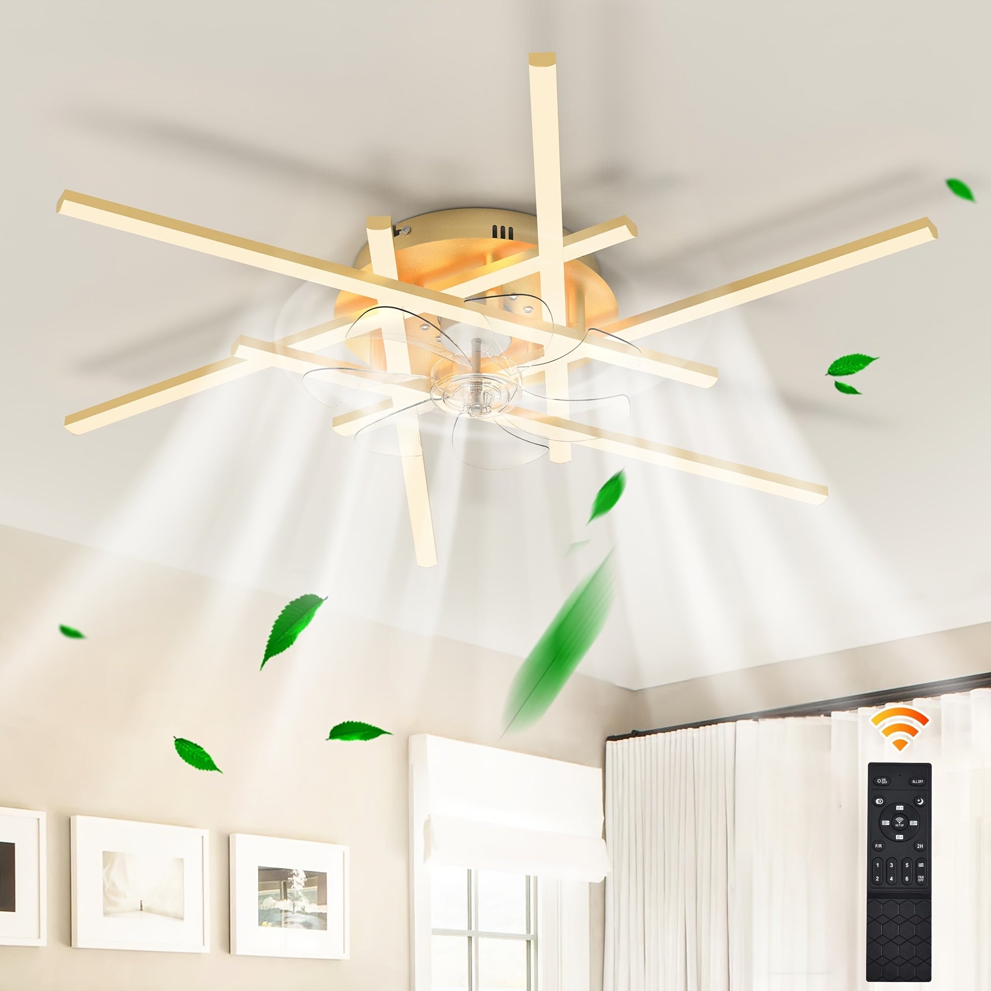 Modern LED Ceiling Fan with Light and Remote Control, Gold Sputnik Semi-Flush Mount Design, Chandelier Fan for Bedroom, Living Room, Dining Room, Kitchen & Office