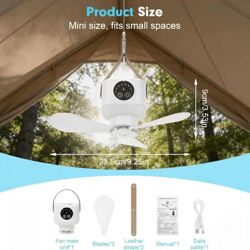 1 Pack Rechargeable Camping Fan Light, 3 Warm Light Modes, Outdoor Patio &amp; Indoor Bedroom Bedside Lamp, Hanging/Stand Mountable, Multi-Function Camping Light with Fan, Remote Control, Ideal for Summer, RV, Truck, Roof Tent, Travel and Camping