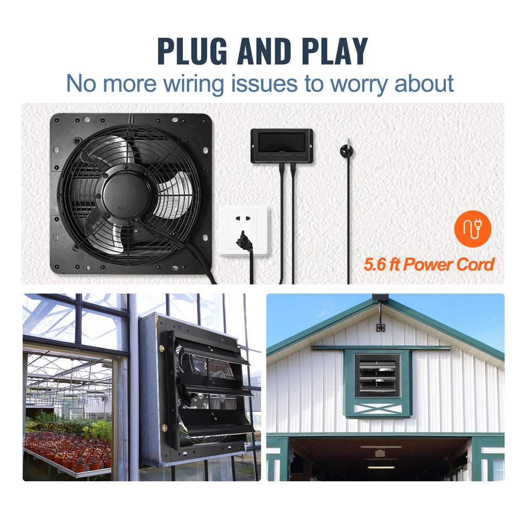 VEVOR Shutter Exhaust Fan, 12''/14''/16'' with Temperature and Humidity Controller, EC Motor, 940 CFM/1513 CFM/1747 CFM, 10-Speed Wall Mount Attic Fan for Greenhouse, Garage, Shed Ventilation and Cooling