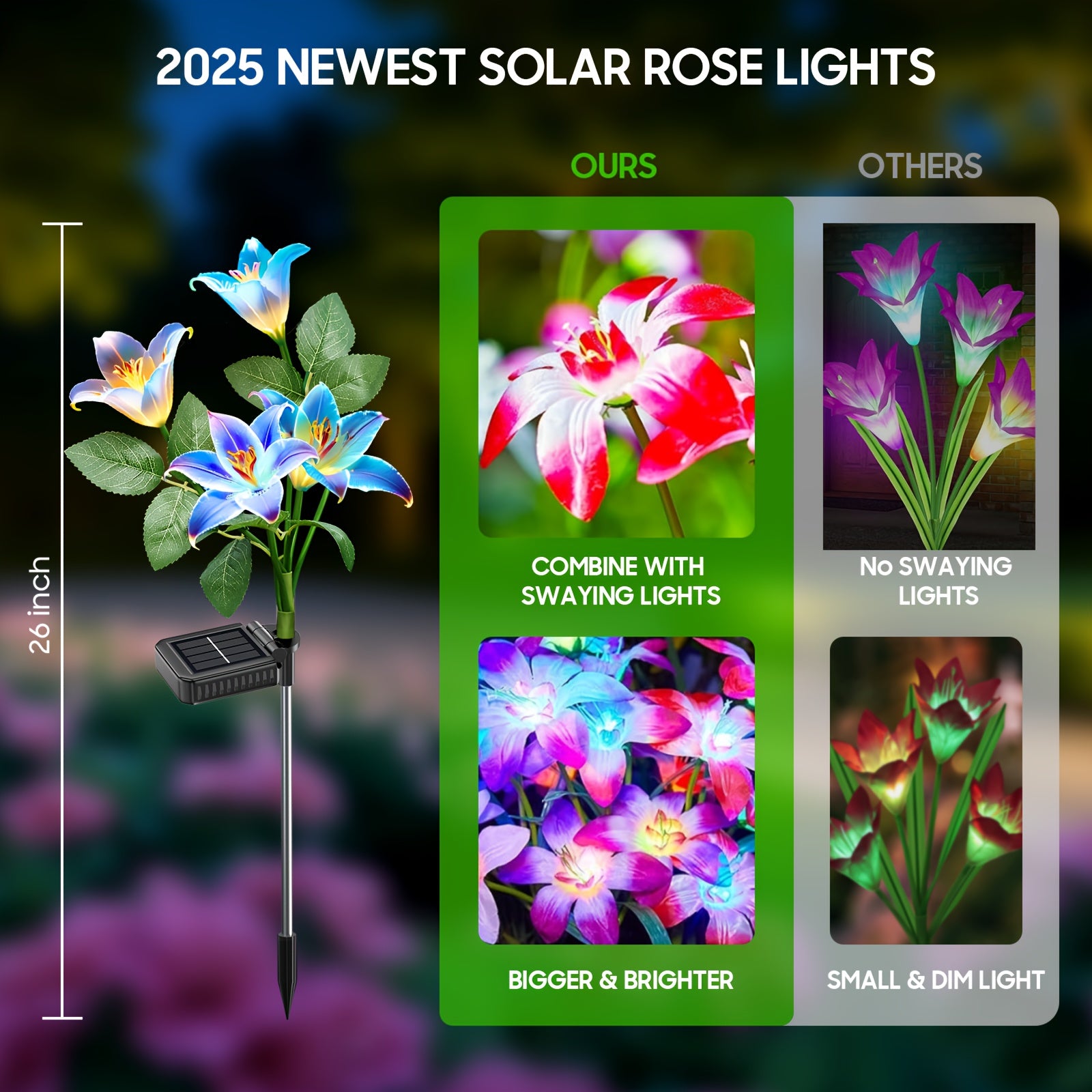 2025 New Solar Outdoor Flower Light Solar Courtyard Light Waterproof 30-Head Rose 7-Color Changing Landscape Light Suitable for Garden Path Patio Cemetery Decoration 1/2/4/6-Pack