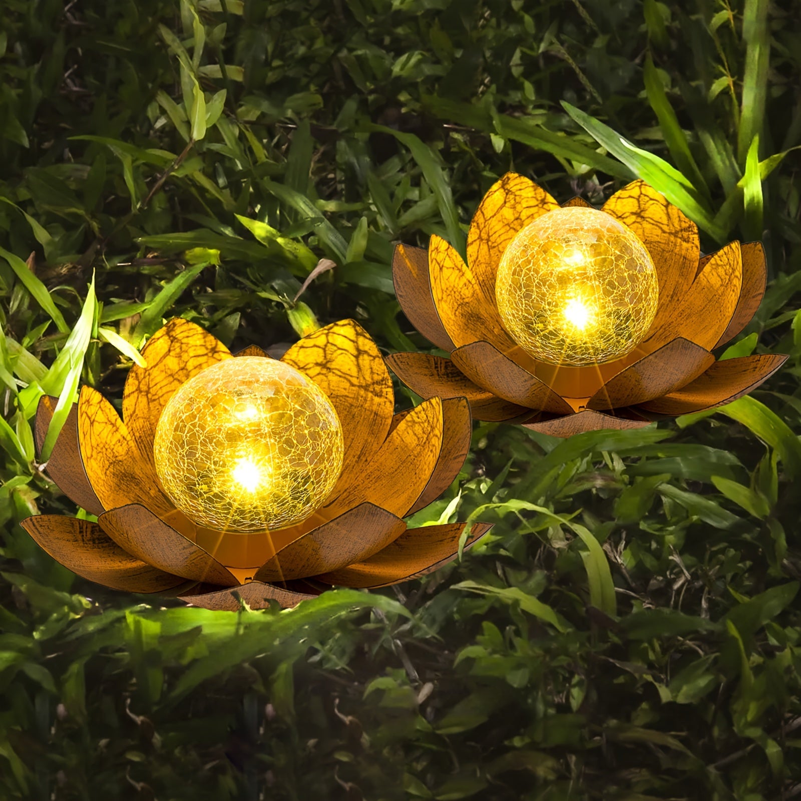 2 Pack Outdoor Solar Pink Lotus Light, Wrought Iron Garden Decoration, LED Light with Cracked Glass Ball, IPX4 Waterproof Rating, Perfect for Patio, Lawn, Terrace, Tabletop, Gift for Mom