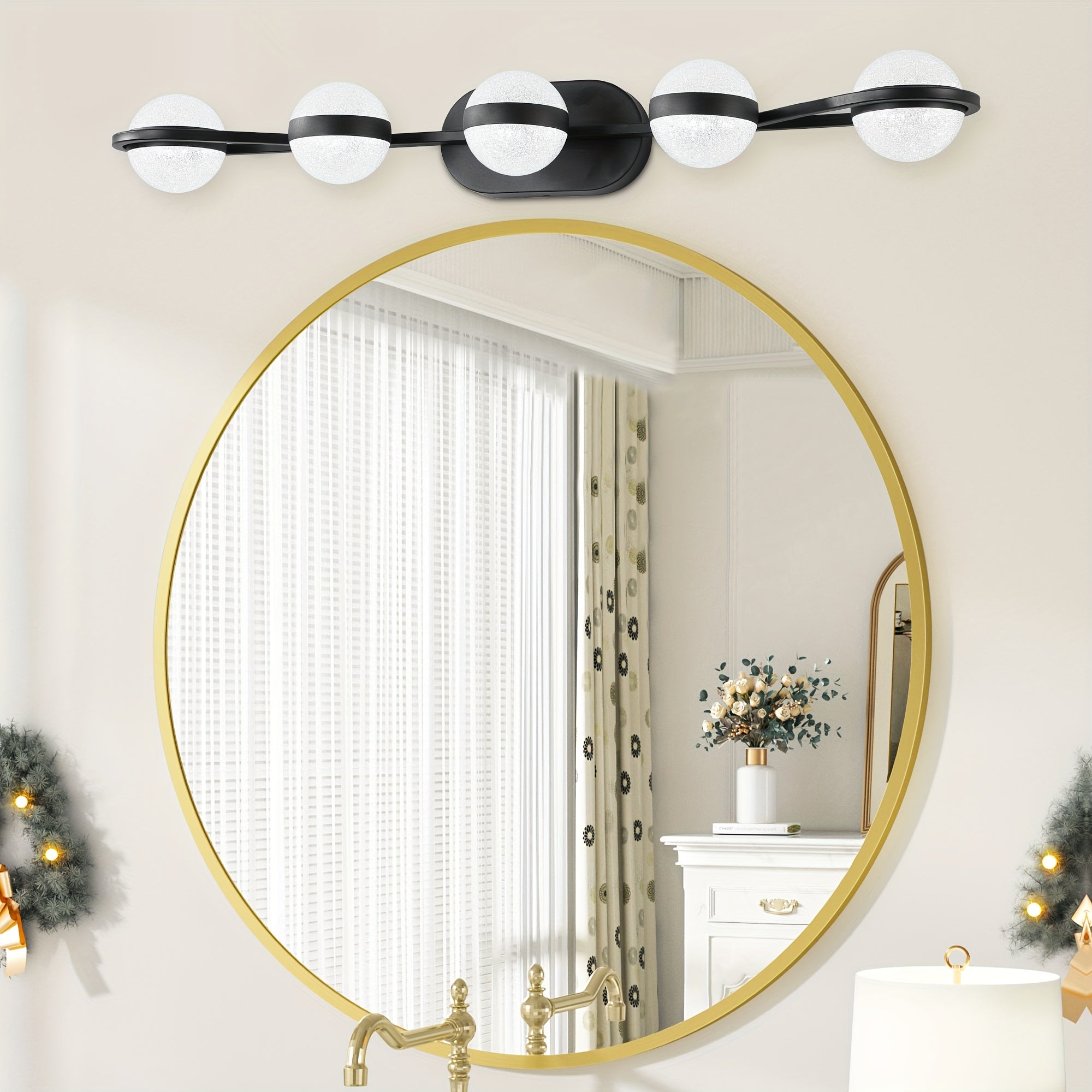 35.4-Inch 5-Light Bathroom Vanity Light, Elegant Bathroom Wall Light, Modern Minimalist Bathroom Vanity Light, with LED Light and Frosted Acrylic Shade, Wall-Mounted Decorative Lighting, Suitable for Bathroom, Living Room, Bedroom (Black)