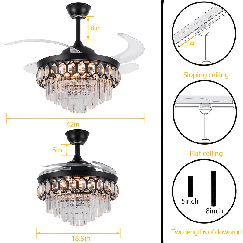 42 Inch Black Crystal Ceiling Light, Luxury Retractable Chandelier Fan with Music Player, 6-Speed Dimmable Chandelier, Ideal for Bedroom Living Room, Chandelier with Fan, Home Theater Lighting