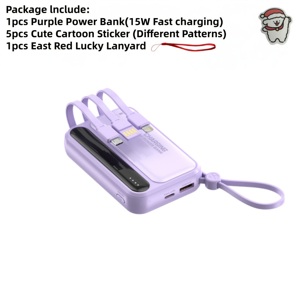 Mini Cute 10000mAh 5W/15W/22.5W Super Fast Charging Multifunctional Cartoon Power Bank, Rechargeable Portable Mobile Phone Charger, Built-with 4 Cables, Outdoor Travel Must Have Battery Packs, Smart LED Digital Display, Micro Type-C Input