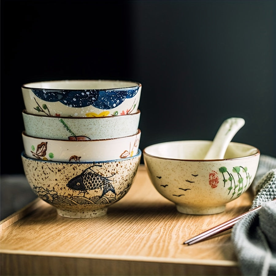 6pcs Vintage Ceramic Cereal Bowls, 4.5-Inch Stackable Chinese Bowls – Small Hand-Painted Dinnerware Set – Perfect for Cereal, Salad, Dessert, Ice Cream, Rice, Noodles – Dishwasher Safe & Microwave Safe