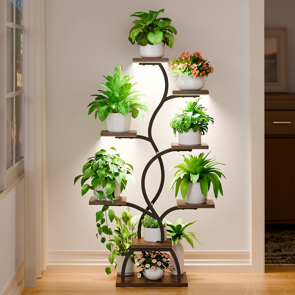 8-Tier Corner Plant Stand with Grow Light, 49 Inch Tall Single-Piece Indoor Metal Shelf, Multi-Functional Compact Display Rack for Plants Decorations Photo Frames