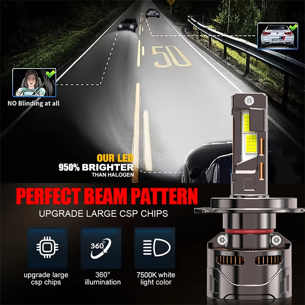 2-Pack 59800 Lumens LED Car Headlights High Power 360W High/Low Beam 7500K LED Bulbs H1 H4 H7 H11 9005 9006 9012 12V/24V 360° Beam Angle 950% Brightness Increase Fits Most Car Models No Battery Included QY029