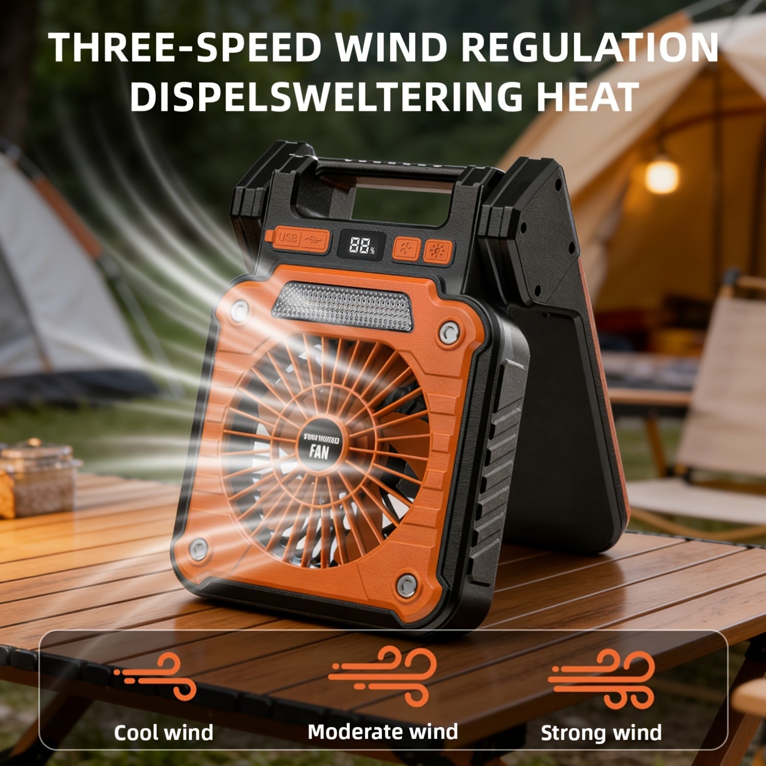 1PC Single Motor Camping Fan, Solar LED Camping Fan, 180° Rotatable Adjustable Angle Fan, Portable Outdoor Fan with Hook, Support Input and Output Charging Function, Suitable for Tents