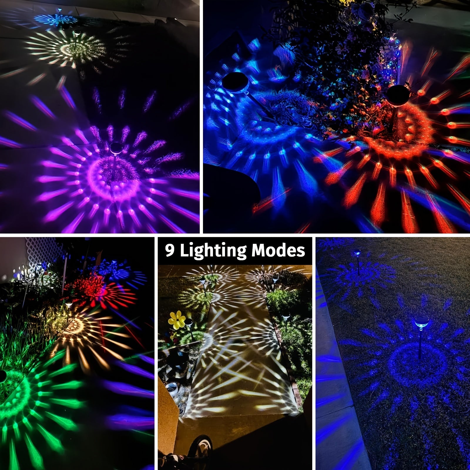 A Set of 8 Solar Path Lights with Color Changing Function and 8 Fixed Colors (Warm White, Cool White, RGB). These Outdoor Solar Garden Lights are Perfect for Decorating Walkways, Courtyards and Backyard Landscapes.