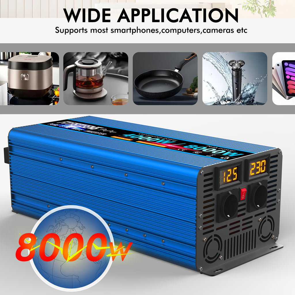 8000W峰值4000W持续高功率纯正弦波车载电源逆变器， 12V 转 AC 220V230V，高功率工业逆变器，适用于房车、户外露营、空调，带过载保护，无电池，适合手机、笔记本电脑及其他设备