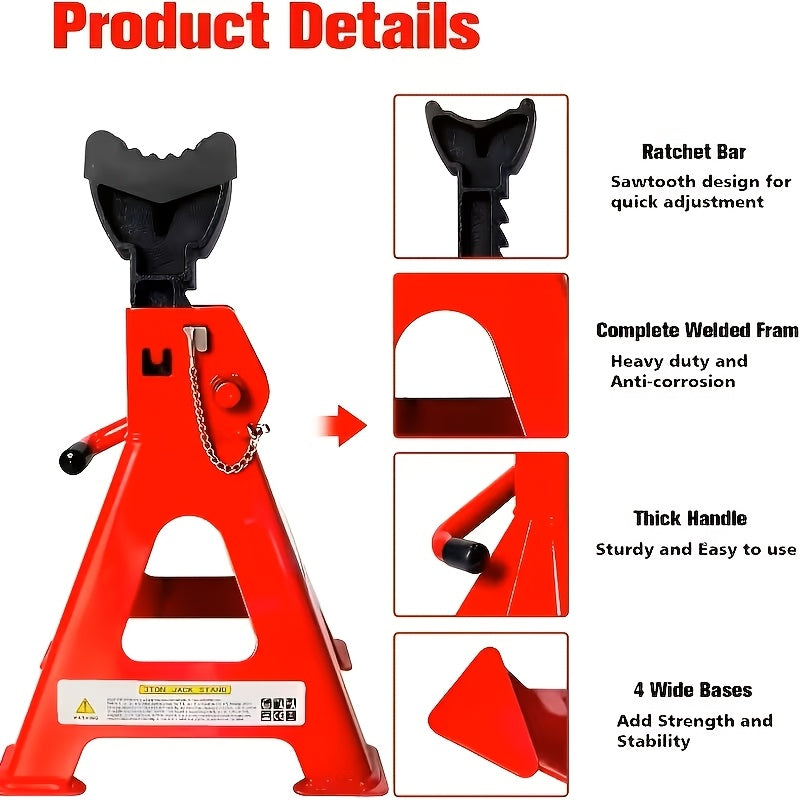 2-Piece Heavy Duty Car Jack Stands, 3 Ton (6,000 lbs) Capacity, Blue & Red Textured Finish, Adjustable Height, Ideal for SUVs, Pickup Trucks & UTV/ATV Vehicles