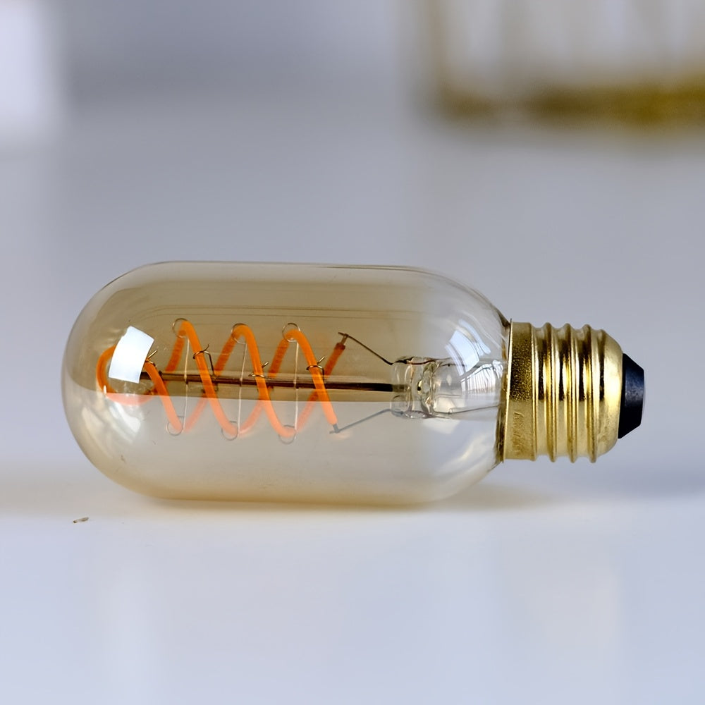 1 Edison LED decorative bulb, T45 tubular bulb 120V 4W 2300K warm yellow amber clear glass LED spiral filament bulb E26 base, dimmable, suitable for bedroom, dining room, bar, warm home lighting replacement bulb
