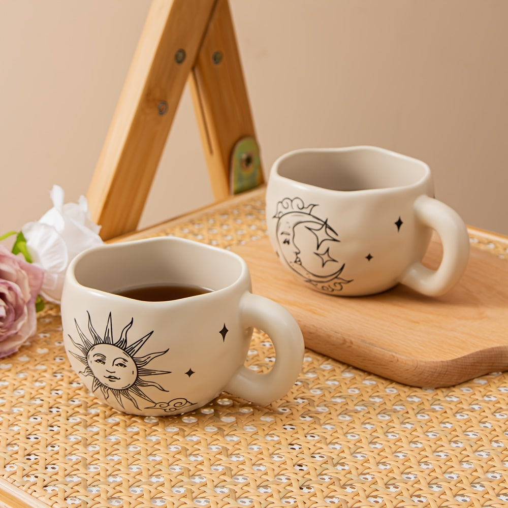 2-Pack 230ml / 7.8oz Retro Valentine’s Day Ceramic Coffee Mug Set, Sun & Moon Face Vintage Design Drinking Cup, Beige Mugs, Bosnian Style Tea Cup, Perfect for Office, Home, Birthday, Party, Valentine’s Day Gift