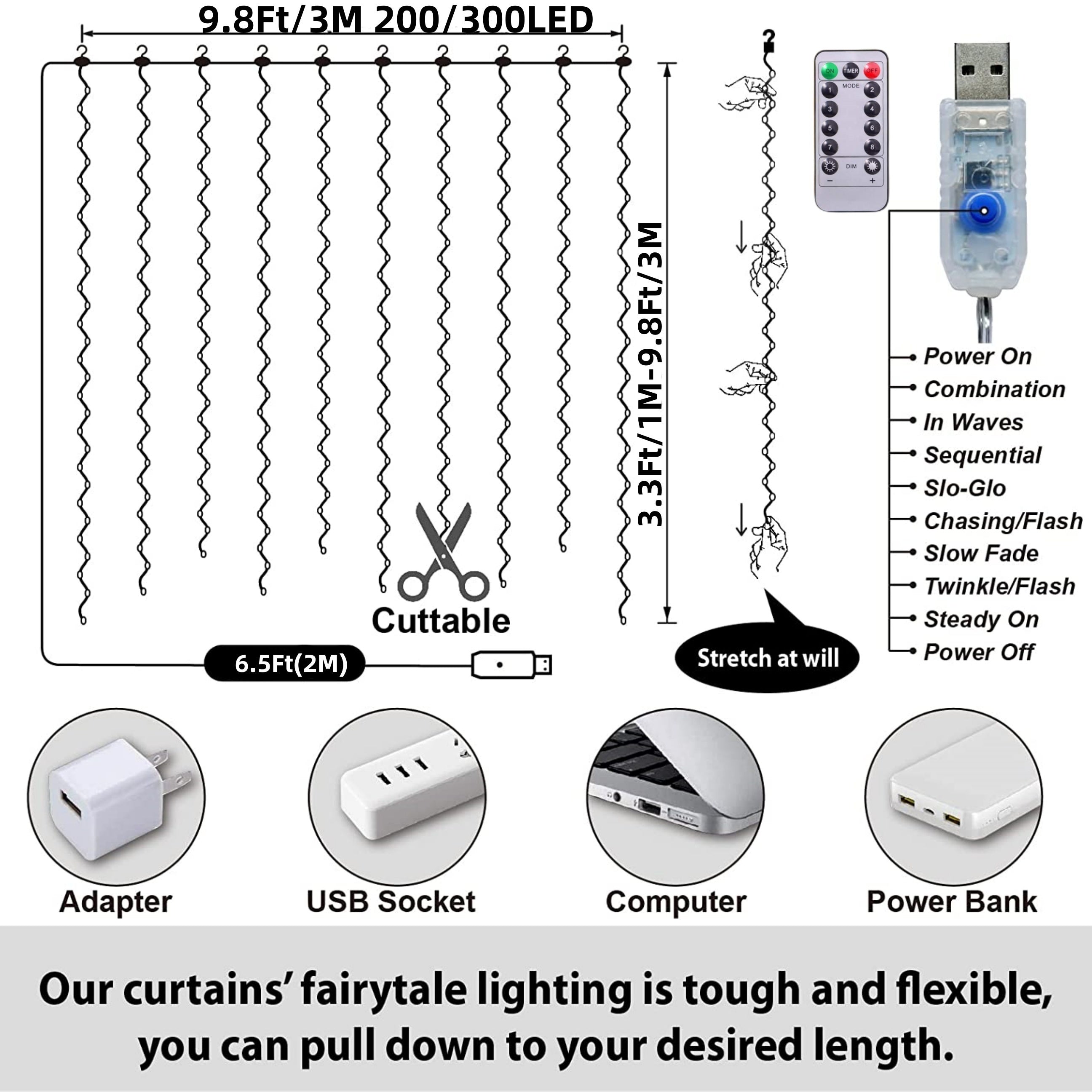 Ledoor 提供一套窗帘灯，包含 100、200 或 300 个 LED，适用于卧室。这些暖光灯有 3.3、6.5 或 9.8 英尺 x 9.8 英尺的尺寸可选。它们具有 8 种不同的照明模式，并包括一个遥控器。这些 USB 供电灯具。