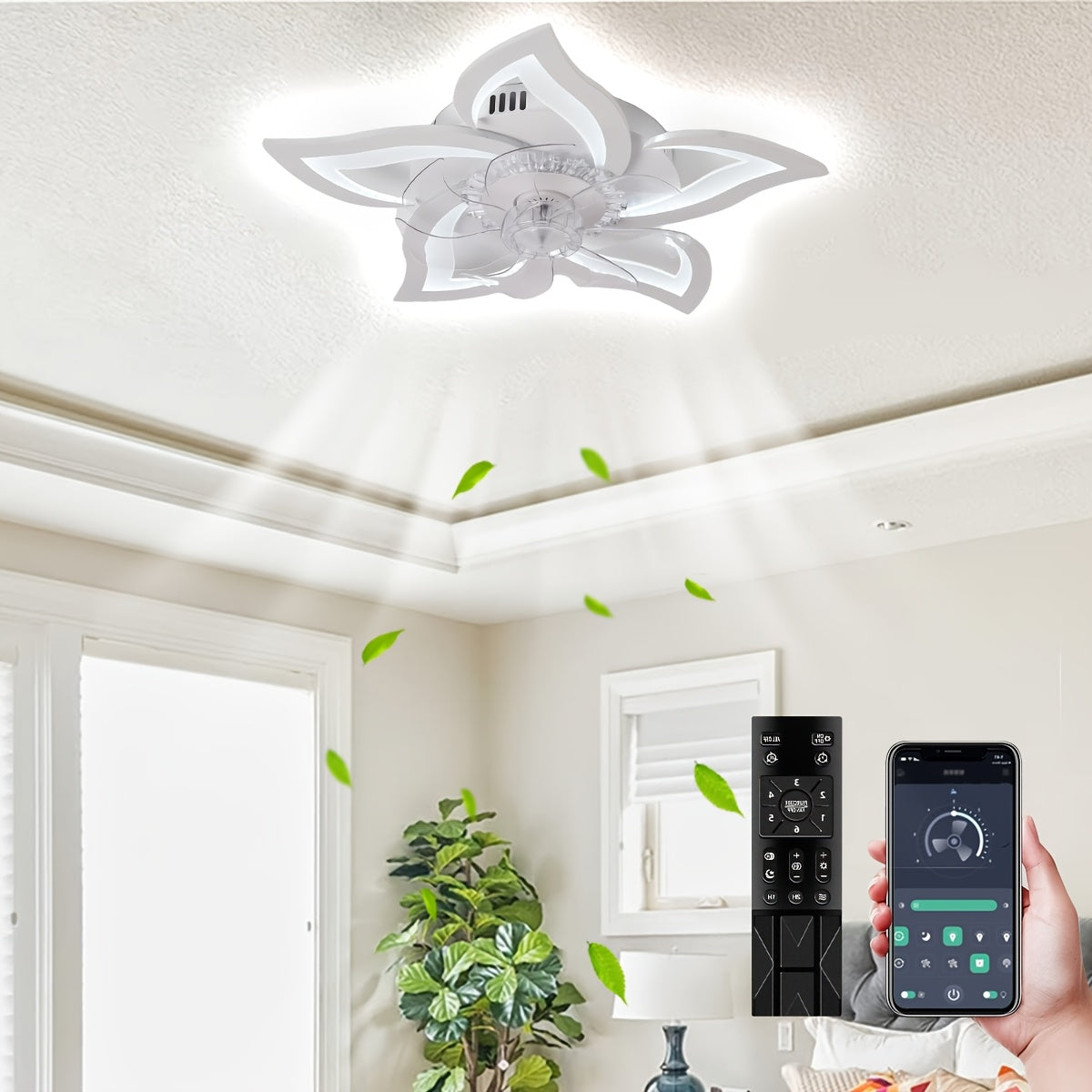 27 Inch Low Profile Ceiling Fan with LED Light and Remote Control, 3 Color Dimmable, Pure Copper DC Motor, 6-Speed Reversible, Base with Heat Dissipation Holes, Petal-Shaped Modern Ceiling Fan Light