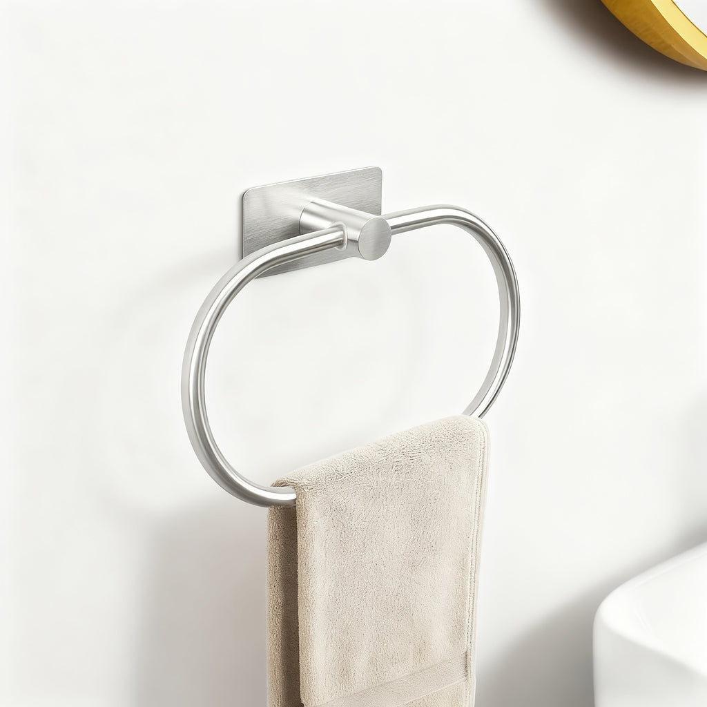 Stainless Steel Towel Rack & Towel Ring - 180° Foldable, Wall Invisible Installation, Strong Adhesive Backing, Towel & Bath Towel Storage Bathroom Organizer, Bathroom Accessories