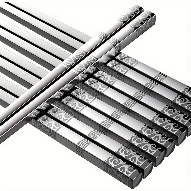 5 Pairs Reusable Metal Chopsticks – Stainless Steel Auspicious Cloud & Fortune Chopstick Set – Laser Engraved, Non-Slip Chinese Cooking Chopsticks – Dishwasher Safe – New Year Gift Chopstick Set