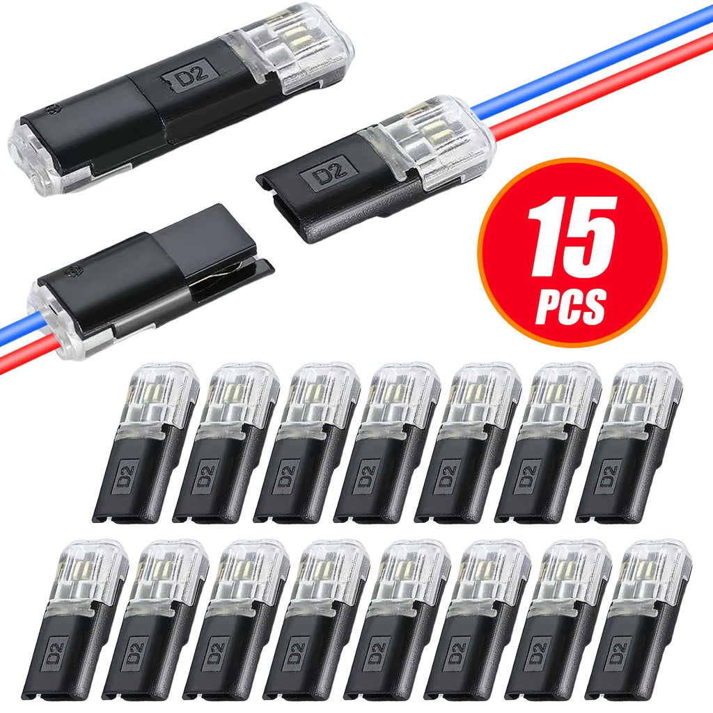 15/70-Pack Wire Splice Connectors, No-Strip Quick Connect Electrical Splice Clips, 2 Pin 2 Wire, for 0.06-0.08 inch (AWG22-AWG18) Wire Size, PVC Insulated, Copper Contacts