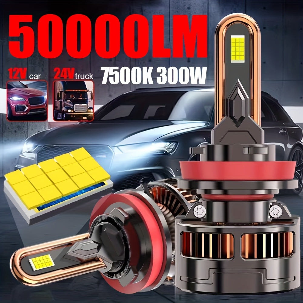 2-Pack Car Headlight Bulbs H8/H9/H11/H16-QB046 H4/9005/H1/H4/9003/HB2/H11/9006/H1/9012, 9570 CSP Chip, 300W, 50000 Lumens, 7500K, Vehicle Lighting Upgrade, LED Headlight Bulbs, Plug-and-Play Car Headlights, Suitable for 12V/24V Voltage
