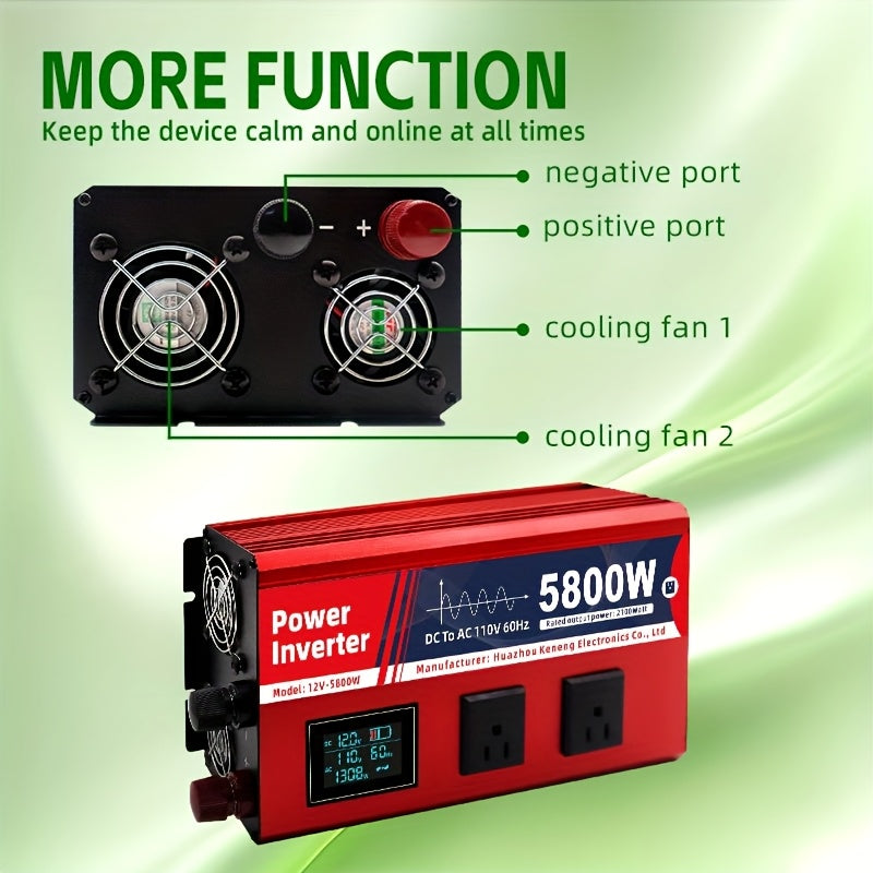 2100W/5800W持续功率汽车电源转换器DC12V转AC110V便携式逆变器，适用于房车、汽车、移动电源，多功能车辆露营设备，露营和旅行的过载保护、旅行电源|便携式逆变器,无电池