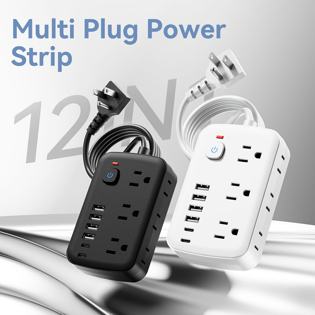 Travel Power Strip Featuring 12 Functions, Equipped with a 5FT/10FT Cord, 6 AC Outlets, 4 USB-A Ports, And 2 USB-C Ports, Includes Overload Protection And Can Be Mounted on a Wall for Desk Charging