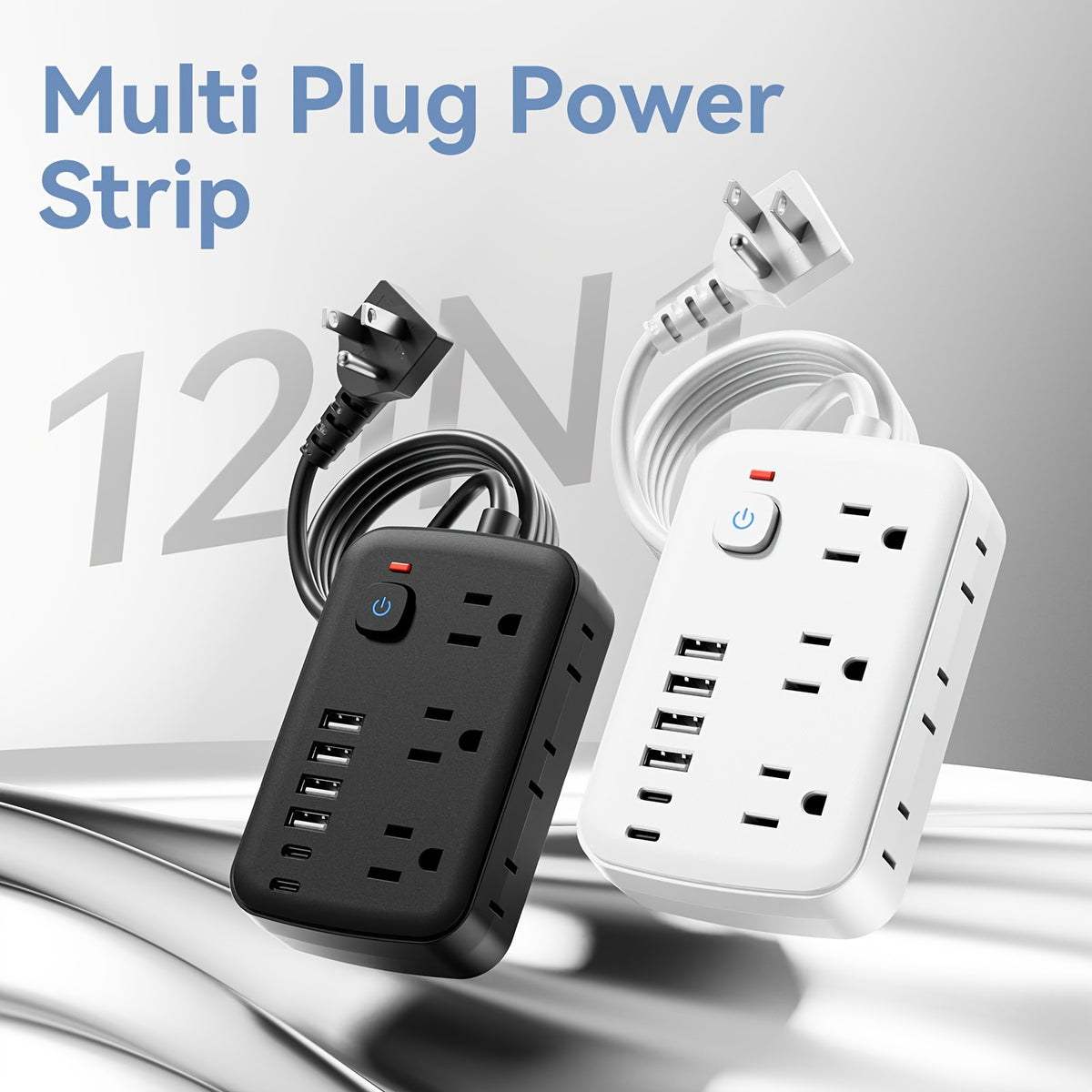 Travel Power Strip Featuring 12 Functions, Equipped with a 5FT/10FT Cord, 6 AC Outlets, 4 USB-A Ports, And 2 USB-C Ports, Includes Overload Protection And Can Be Mounted on a Wall for Desk Charging