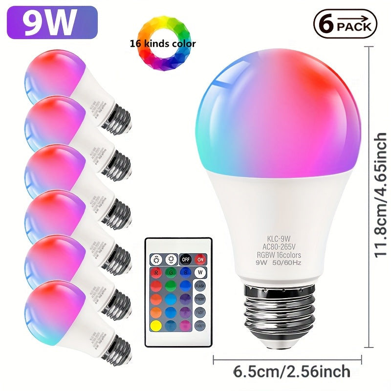 Kasotile dimmable E26/27 warm white LED bulb, 9W RGBW 600LM, 16 color changing modes, suitable for Christmas, parties and other occasions, with remote control, 6-pack