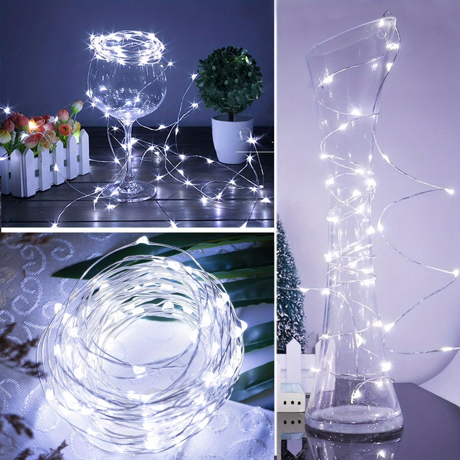 200 LED 仙女灯串，66FT/20M，100 LED 版本为 33FT/10M，USB 供电灯串，银色线材，非常适合在卧室中营造星空氛围，用于圣诞节、婚礼、派对或户外窗户装饰