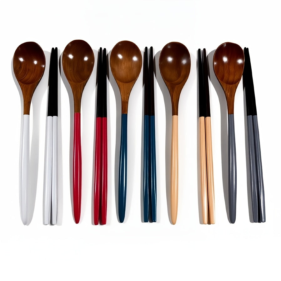 5-Piece Set Japanese Colorful Wooden Spoon & Chopstick Set – Reusable Cutlery Set – Made of Solid Wood