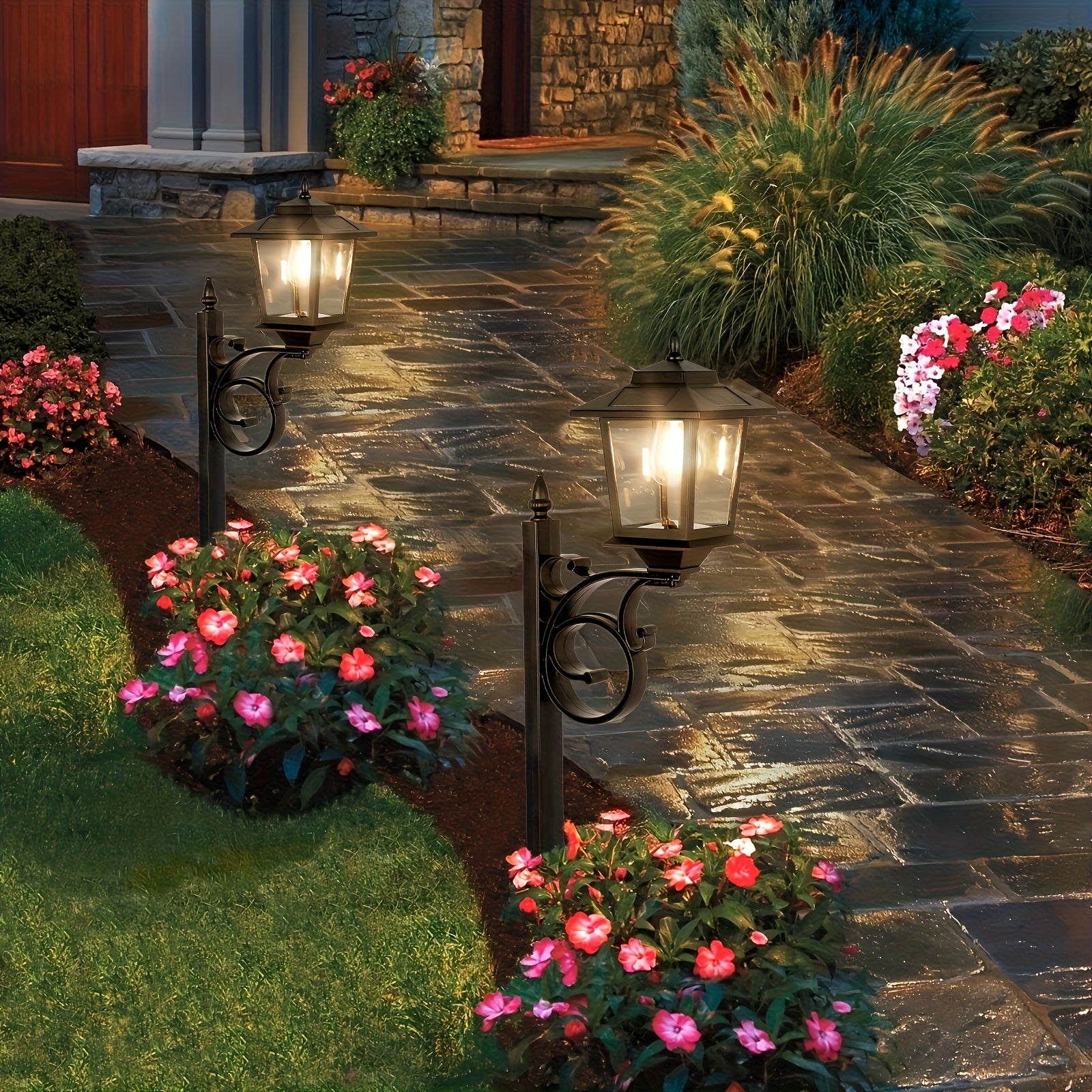 Solar Lamp Post Light - 2-in-1 Outdoor Planter, Suitable for Real or Artificial Flowers (Flowers Not Included). Glass Lampshade, 20 Lumen Glass Bulb, Wall-Mounted IP44 Decorative Outdoor Floor Lamp, Perfect for Lawn, Patio, Front/Back Door