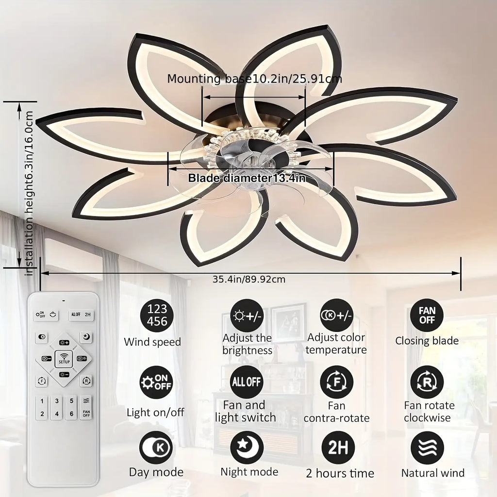 Qcyuui 35 Inch Modern Bladeless Ceiling Fan with Light, Remote Control, Ultra-Thin, Flush Mount, Smart, Reversible Blades, for Bedroom, Living Room, Black